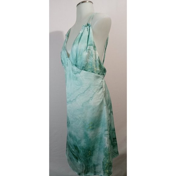 French Kiss Green Swirl Satin Nightie Nighty Nightdress Plunge Neckline Sz L - Picture 2 of 5